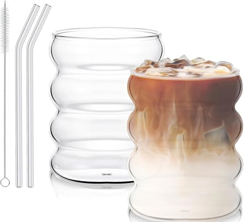 GOEDEKE 2 PCS Ripple Glass Cups, 300ML Bubble Water Drinking Glasses, Heat-Resistant Glasses with Glass Straws, Cappuccino Latte Macchiato Coffee Cup, Suitable for Coffee, Tea, Juice, Cocktails, Beer
