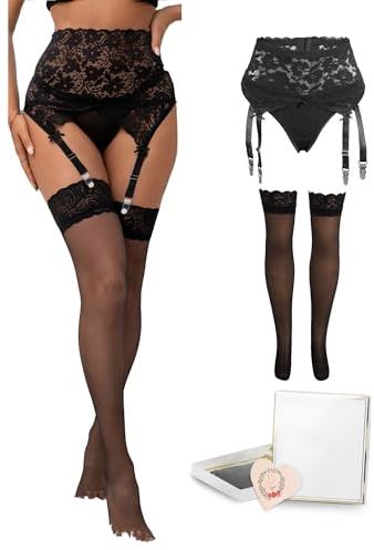 ohmydear Women Stretchy Suspender Belt High Waist Lace Garter Belt Plus Size Lingerie Sets for Women Sets with 4 Straps for Stockings UK 8-22