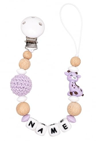Individuell gestaltetes Babygeschenk personalisiertes Schnullerkette mit Namen für Mädchen oder Junge Baby Geschenk personalisiert zur Geburt & Taufe (Giraffe flieder)