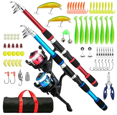 Mini Canna da Pesca per Bambini, 1.8M Canna da Pesca Telescopica con Mulinello e Esche, Kit di Esche da Pesca e Borsa, acqua Dolce e Salata, per Ragazzi Ragazze