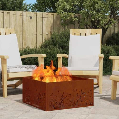 GeenYuu Feuerstelle Braun aus wetterfestem Stahl 60 x 60 x 30 cm, langlebig und rostbeständig, ideal für Garten Terrasse Balkon, sorgt für gemütliche Wärme und stimmungsvolle Flamme im Außenbereich