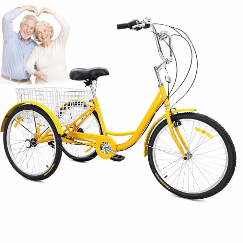 Trehjuling Vuxen 24 Tum 7 Vaxlar Cykel 3 Hjul med Stor Bakkorg Lag Stalram Latt Att Stiga Pa for Aldre Kvinnor Man Handla Traning Utomhus Dagliga Resor Yellow