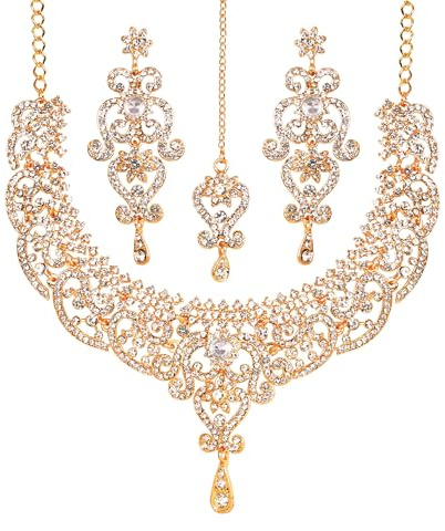 Touchstone Grande collana di gioielli da sposa di Royal Indian Bollywood White Rhines per donna Oro