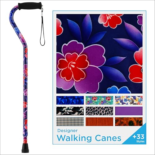 NOVA Designer Walking Cane with Offset Handle, Lightweight Adjustable Walking Stick with Carrying Strap, “Maui Flowers” Design