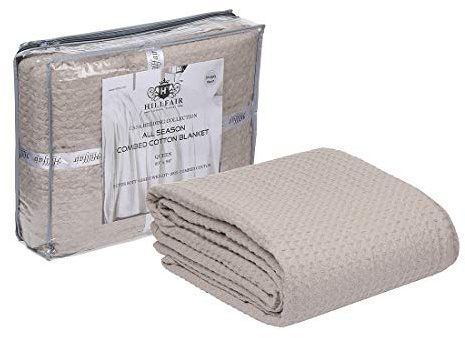 HILLFAIR 100% Combed Cotton Blanket– Queen Size Bed Blanket– Warm Soft All Season Breathable Lightweight Summer Blankets– Waffle Weave Home Decor Bed Blanket- Khaki Queen Bed Cotton Blankets/Bedcover