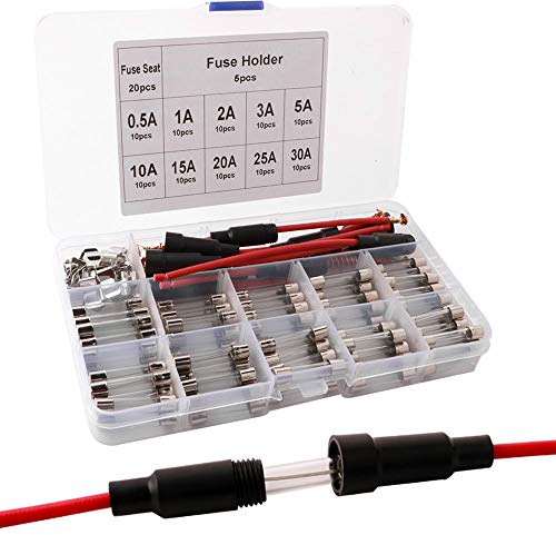 QitinDasen Professional 6x30mm Glass Tube Fuses Set - 100Pcs Fast Blow, 20Pcs Seat, 5Pcs Inline Holder