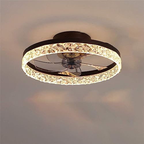 FLYFO Fan Ceiling Light, K9 Crystal Ceiling Lamp with Remote Control Dimmable, Ultra-Thin 16.5cm Fan Lamp in Living Room and Bedroom, Reversible Fan,Brown