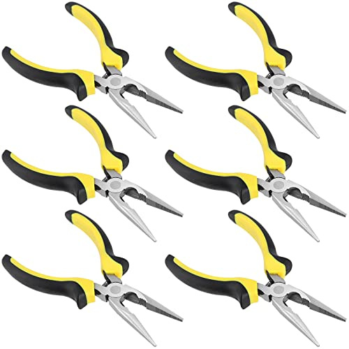 MUKCHAP 6 Pack 6 Inch Needle Nose Pliers, Spring Loaded Long Nose Pliers with Wire Cutter, Plastic Handle Needle Nose Pliers with Strippers for Cutter and Bending Wire, Black Yellow