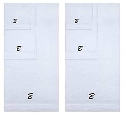 Monogrammed Towel Set, Hotel & Spa Quality, Super Soft, Highly Absorbent, Bathroom Sets, 100% Cotton Personalized 6 Piece Towel Set, Includes 2 Bath Towels, 2 Hand Towels, 2 Washcloths, White