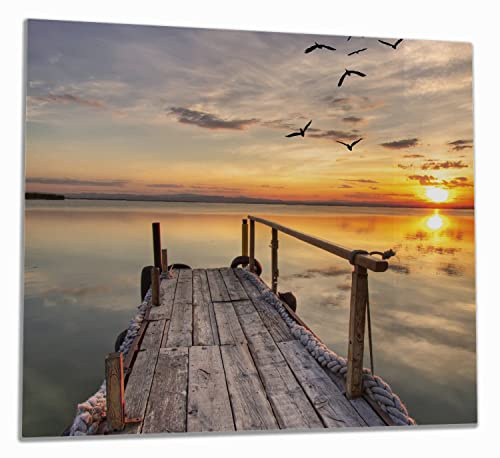 Wallario Herdabdeckplatte/Spritzschutz aus Glas, 1-teilig, 60x52cm mit 8mm hohen Füßen, für Ceran- und Induktionsherde, Sonnenuntergang über dem See idyllischer Steg
