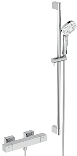 Ideal Standard Brausekombination Ceratherm C100 Square mit Brausethermostat, Brausestange 90cm, Diamond-Handbrause mit 3 Strahlarten, Brauseschlauch 175cm, Chrom