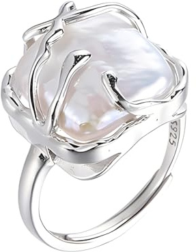 HETICA - 925 sterlingsilver oregelbunden pärlring, barock pärlring för kvinnor, födelsedagspresent, årsdag, alla hjärtans dag, silver, pärla, silver, pärla