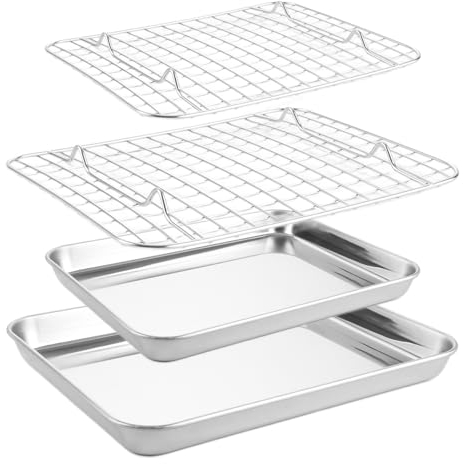 JMIATRY 2 Stück Backblech mit Abkühlgitter, 26.5x20.5x2.5cm Edelstahl Kuchenblech und Kuchengitter Set, Rechteckige Ofenblech Braten für Backen, Braten, Kühlen, Spülmaschinenfest