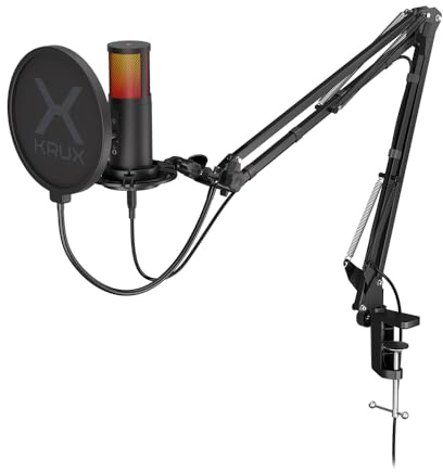 KRUX Edis 3000, USB Plug & Play mikrofon, RGB bakgrundsbelysning, Gain Controller, mikrofonarm ingår, tystgående knapp, 3,5 mm miniklinkhörlursutgång | KRXC010