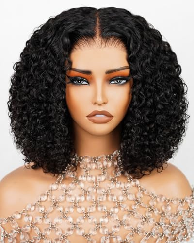 Arabella 5x6 Wear and Go Glueless Bob Wigs Human Hair 210% Density Deep Curly Short Bob Wig Lace Front Wig Pre-Cut Lace Wigs Pre Bleached Tiny Knots Bob Wig Human Hair(12inch, 5x6 Glueless Bob)