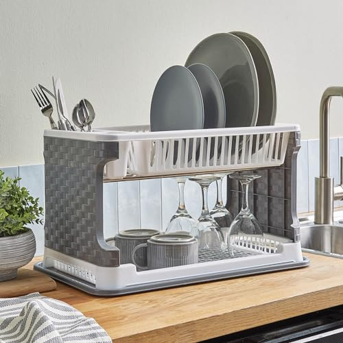 Coopers of Stortford - 2 Tier Dish Drainer Rack with Cutlery Holder and Drip Tray - Kitchen Plate and Cup Drying Stand - Easy Clean Plastic Design
