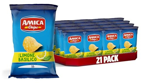 AMICA Chips - La Patatina Gusto Limone e Basilico, 21 Confezioni da 50g | Snack Senza Glutine, Aroma Naturale