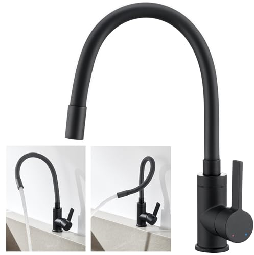 Auralum Robinet Cuisine Flexible Noir, Mitigeur Cuisine Robinet d'Évier avec Bec Flexible, Monocommande à Eau Chaude et Froide