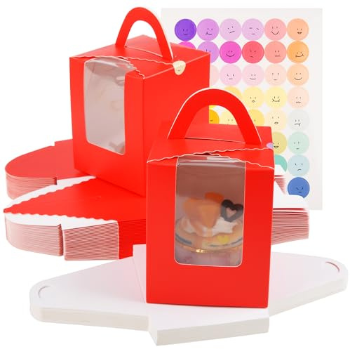 KEYIDO 30 Pcs Individual Cupcake Boxes Red Single Cupcake Boxes 1 Hole Cake Box with Clear Window Inserts and 2 Sheets of Stickers for Wedding Birthday Party Favors