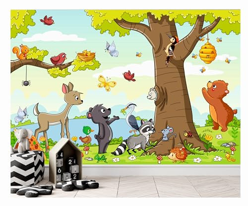 Fototapete Kinderzimmer Wald, Kindertapete Bäume, Waldtiere, Vliesapete, Berge, Wald, Vögel, Fototapeten für Jungen und Mädchen, Hirsch, Teddybär, Schmetterlinge