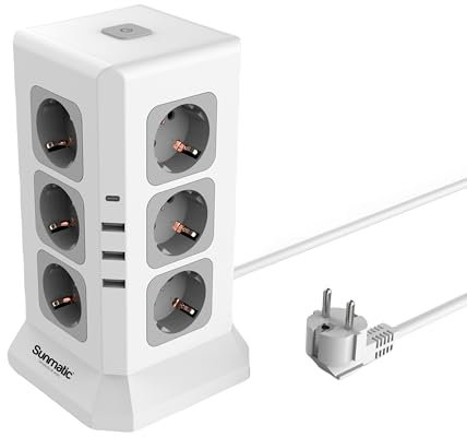SUNMATIC Ciabatta Multipresa 12 Prese EU con Protezione Sovraccarico, 3 Porte USB-A, 1 USB-C, Prolunga Elettrica 2m, PC Ignifugo, Protezione Bambini, Multipresa Schuko per Casa e Ufficio, 3680W
