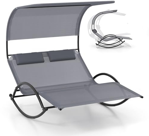 GOPLUS Mecedora Doble Jardin Exterior, Tumbona 2 Plazas con Toldo para Parasol y Almohadas para Reposacabezas, Marco de Metal Resistente para Jardín Patio Piscina Terraza, Carga 300 kg (Gris)