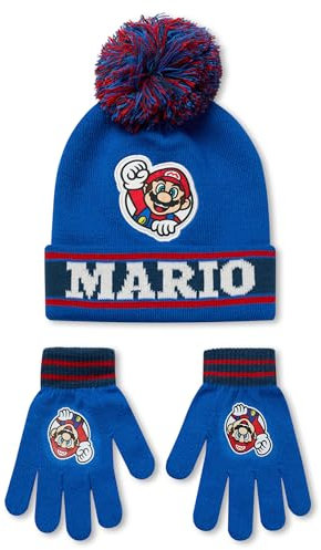 Super Mario Nintendo Jungen-Beanie-Mütze und Handschuh-Set | Gestrickte Bommelmütze für Kinder in Blau und Rot | Gestreifter Kopf- und Handwärmer für Kinder in Einheitsgröße