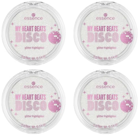 essence MY HEART BEATS DISCO glitter highlighter, Nr. 01, Silber, glitzernd, gelig, vegan, ohne Parfüm, ohne Alkohol, ohne Parabene, 4er Pack (4x4g)