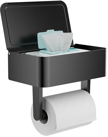 WZRUA Toilettenpapierhalter ohne Bohren, Selbstklebend Toilettenpapierrollenhalte mit Feuchttücherbox, Edelstahl Anti-Fingerabdruck Klorollenhalter Wandmontage für Badezimmer (Mattschwarz)