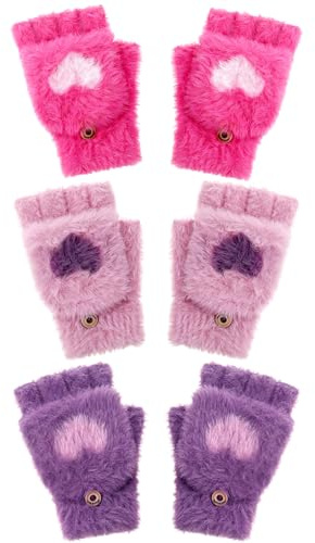 Geyoga 3 Pair Kids Fingerless Gloves for Girls Winter Warm Convertible Flip Top Gloves Heart Half Finger Mitten for Toddler(Lavender, Purple, Dark Purple,3-6 Years)