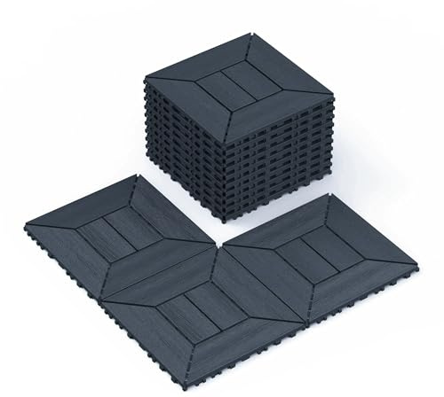 Plastic Interlocking Deck Tiles (44 PCs), 12x12 Inches Waterproof Outdoor Patio Flooring, Easy Snap Balcony Floor Tiles for Garden, Poolside, Backyard, Pathway, Indoor Use, Square Pattern Dark Grey