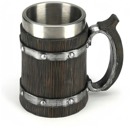 ASIAD Retro Holz Fass Bierkrug mit Griff Edelstahl Innenfutter Holzmaserung Leder Wasserbecher 600ml Vintage Nordische Wasser Bier Kaffee Mug,Schwarz