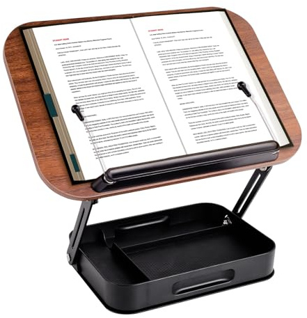 Supporto per libri da leggere con scatola portaoggetti, regolabile in legno, girevole a 360°, pieghevole, con clip laterale, supporto per presentazioni per ricette, riviste, tablet, laptop