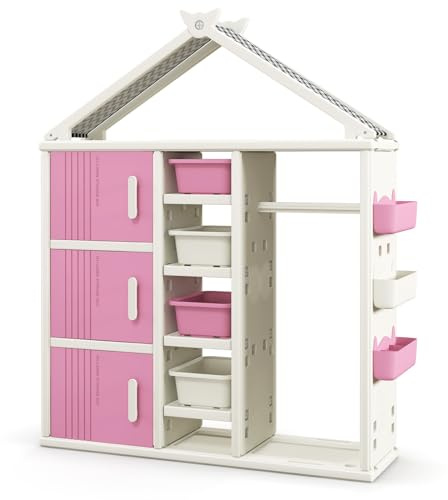 FANTASK Kinderregal in Hausform, 130 x 34 x 156 cm, Kindergarderobe mit Regalen, Seitenkörben & 4 Aufbewahrungsboxen, Kinder Kleiderschrank für Kinderzimmer (Rosa)