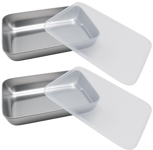 ZUDKSUY 2Pcs Rectangle Storage Tray Set with Lids, 8 x 10 x 2 Inch Nonstick Stainless Steel Serving Container, Multipurpose for Towel, Cold Dish, Food Prep, and Kitchen Organization