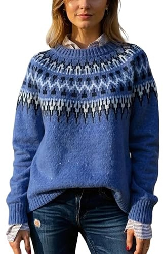 Women's Fair Isle Sweaters Vintage Crewneck Long Sleeve Knit Tops Casual Cozy Norwegian Icelandic Knitted Pullovers for Women