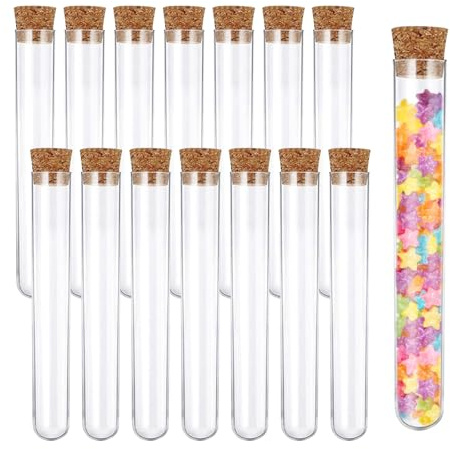 Quelcc 15 Pièces Tube à Essai Plastique, 12x75mm Tube avec Bouchon Liège, Tubes Transparents pour Laboratoire, Éprouvettes pour Bonbons, Épices, Plantes, Échantillons, Fiole à Dragées Mariage