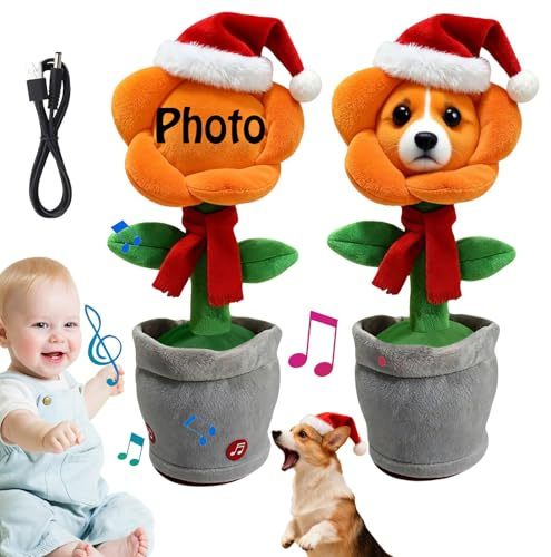 Custom face plush, dancing flower, New Christmas Personalized singing and talking sunflower toy, Voice Recording, Interactive Birthday Festival, Gift Box, singing cactus, click on plush (C Saffron)