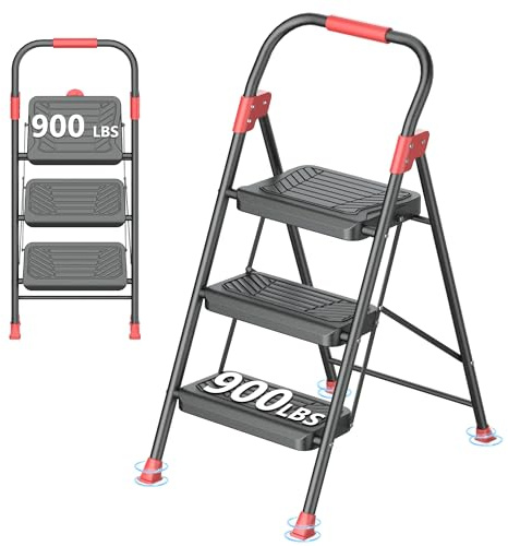 DIAMONDFORGE 3 Step Ladder, Folding Step Stool with Anti-Slip Wide Pedal, Soft Handle, Anti-Slip Feet, Sturdiest Steel Construction, 900lbs Capacity Steel Ladder for Home and Office, BlackRed