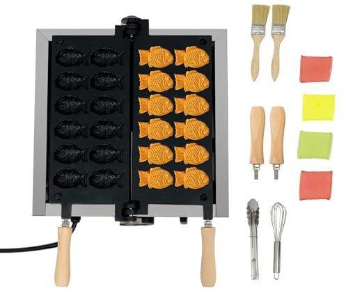 Máquina para hacer gofres de pescado Taiyaki de 1800 W, mini gofrera eléctrica en forma de pez de 12 cavidades con revestimiento antiadherente, temperatura y temporizador ajustables