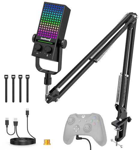 ZealSound Gaming Microphone for Xbox, USB Microphone for PC, iPhone & Phone | Mic Set with Arm, Noise Reduction, One-Tap Mute, Gain Control, Real-Time Monitoring, Plug & Play, Podcast, Streaming, YouTube
