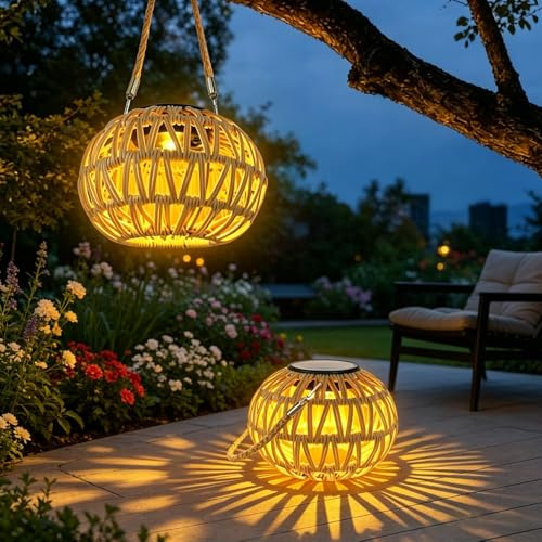 WRQIOO 2PCS Solarlampen Rattan, Rattan Solarleuchten für Außen Hängend, Ra-ttan Solar Hängelampe Outdoor, Boho Leuchte Solar Handgestrickte mit IP65 Wetterfest für Garten, Terrasse Balkon