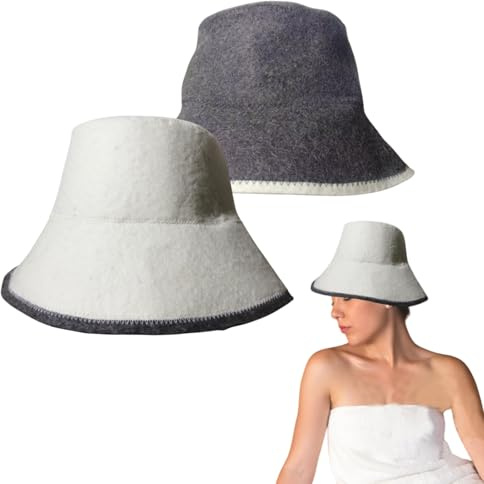 2-Pack Sauna Hats, Fisherman's Sauna Cap, Reusable Banya Hat, Felt Vaporarium Hat for Men and Women, Washable Sauna-Accessories(White,Grey)