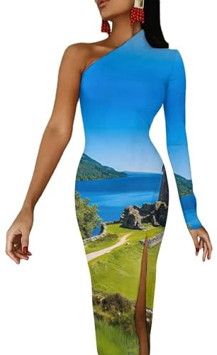 Castle Urquhart - Vestidos de moda con hombros descubiertos para mujer, vestido largo de media manga con abertura, vestido de cóctel, Estilo:, XS