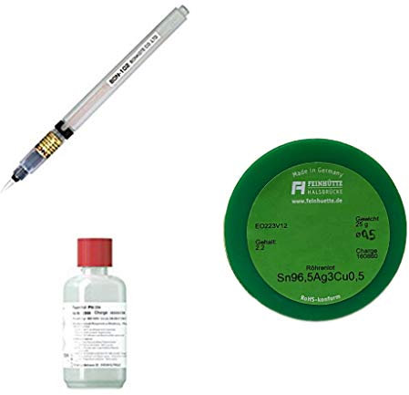 Original Bonkote Flux Pen unbefüllt mit 100 ml Flussmittel PM-334 -No-Clean Elektronik-Flussmittel mit 3,0% Feststoff- (incl. Einwegpipette), für Fine-Pitch- u. SMD-Lötungen + 25 g Lötzinn