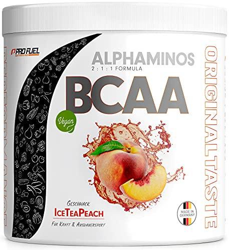 BCAA Pulver 300g EISTEE PFIRSICH - Alphaminos BCAA 2:1:1 Drink mit 8000 mg B.C.A.A. - unfassbar leckerer Geschmack, Essentielle Aminosäuren Leucin, Isoleucin & Valin - 100% vegan und laborgeprüft