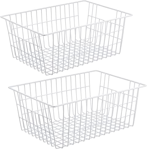 iPEGTOP Wire Stroage Baskets, Farmhouse Metal Wire Basket Freezer Storage Organizer Bins with Handles for Kitchen Cabinets, Pantry, Closets, Bedrooms, Bathrooms, 2 Pack - White