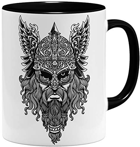 OM3® Viking-Valknut Tasse - Keramik Becher - 11oz 325ml - Odin Wikinger Skull Nordic Warrior - Schwarz