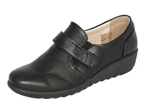 Cushion Walk EEE Wide Fitting Women's Ladies Lightweight Black Leather-Lined Touch Fastening Low Wedge Shoes, Casual Work Office Comfort Shoes (Black, Numeric_4)