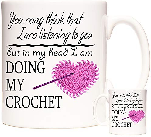 KAZMUGZ Crochet Mug - 11oz Ceramic Coffee/Tea Cup With Crochet Needle and Heart Design